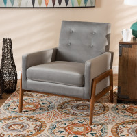 Baxton Studio BBT8042-Grey Velvet/Walnut-CC Perris Mid-Century Modern Grey Velvet Fabric Upholstered and Walnut Brown Finished Wood Lounge Chair